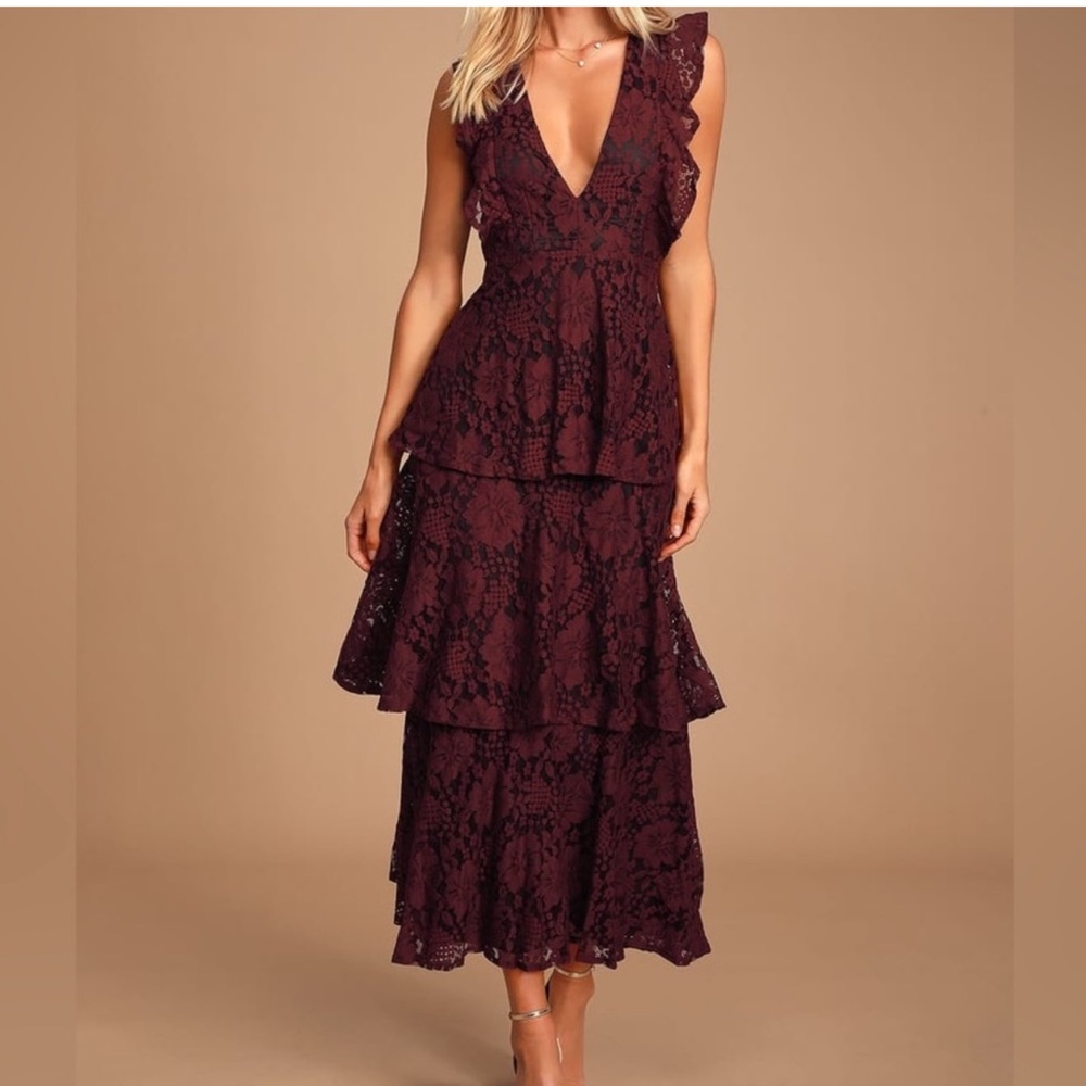 Lulus Molinetto Burgundy Lace Ruffled Tiered Sleeveless Maxi Dress